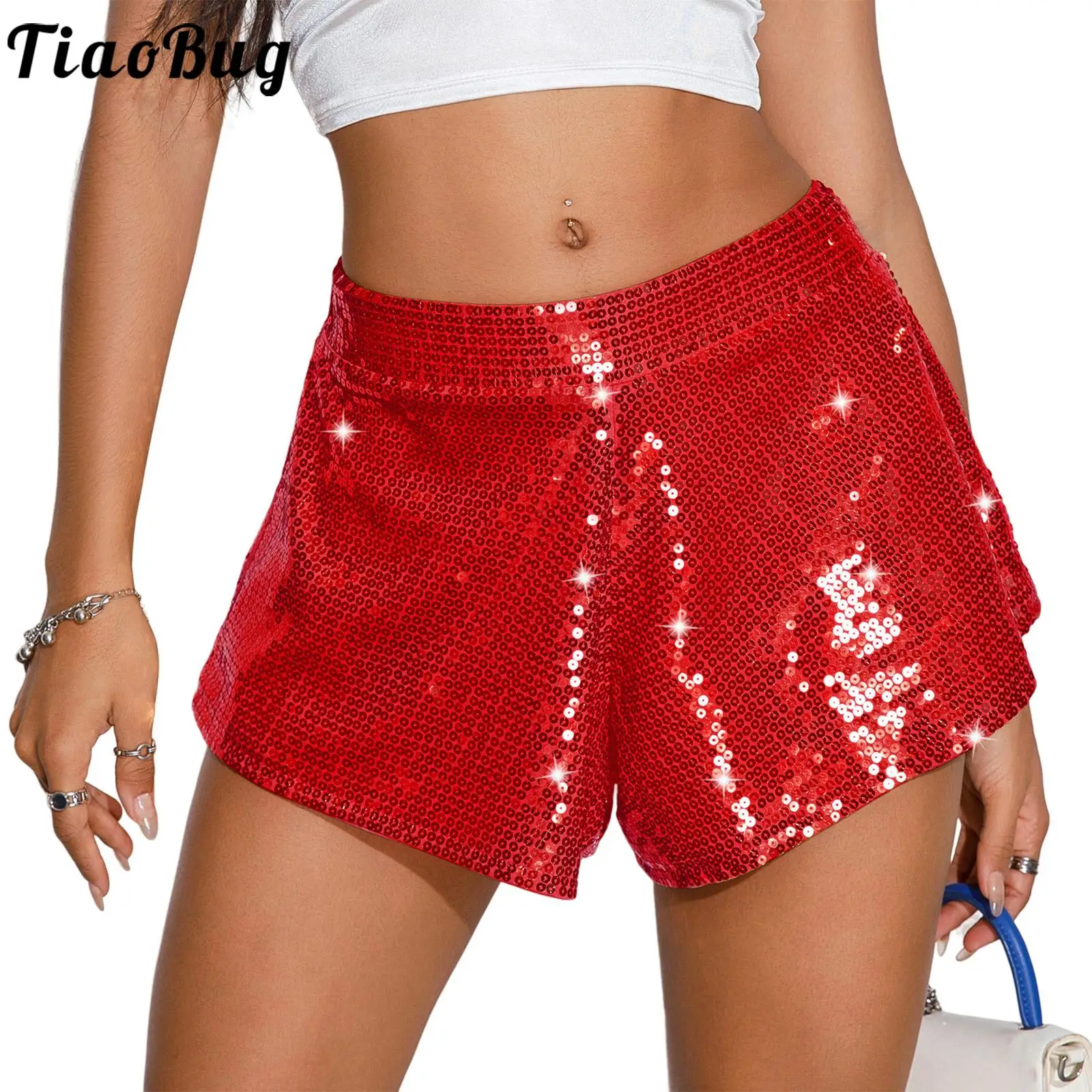 

Womens Shiny Sequins High Waist Mini Shorts Elastic Waistband Hot Pants Nightclub Dance Bottoms Rave Party Stage Performance