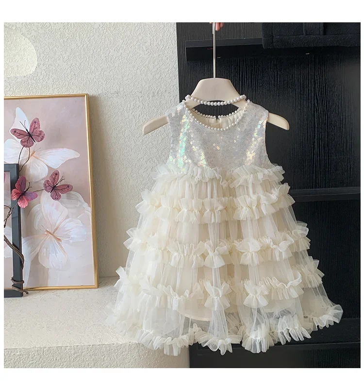 Kid Girl Elegant Ivory Sleeveless Dress for Children Sequin Adorned Upper Bodice Elaborate Layered Ruffled Tulle Casual Skirt