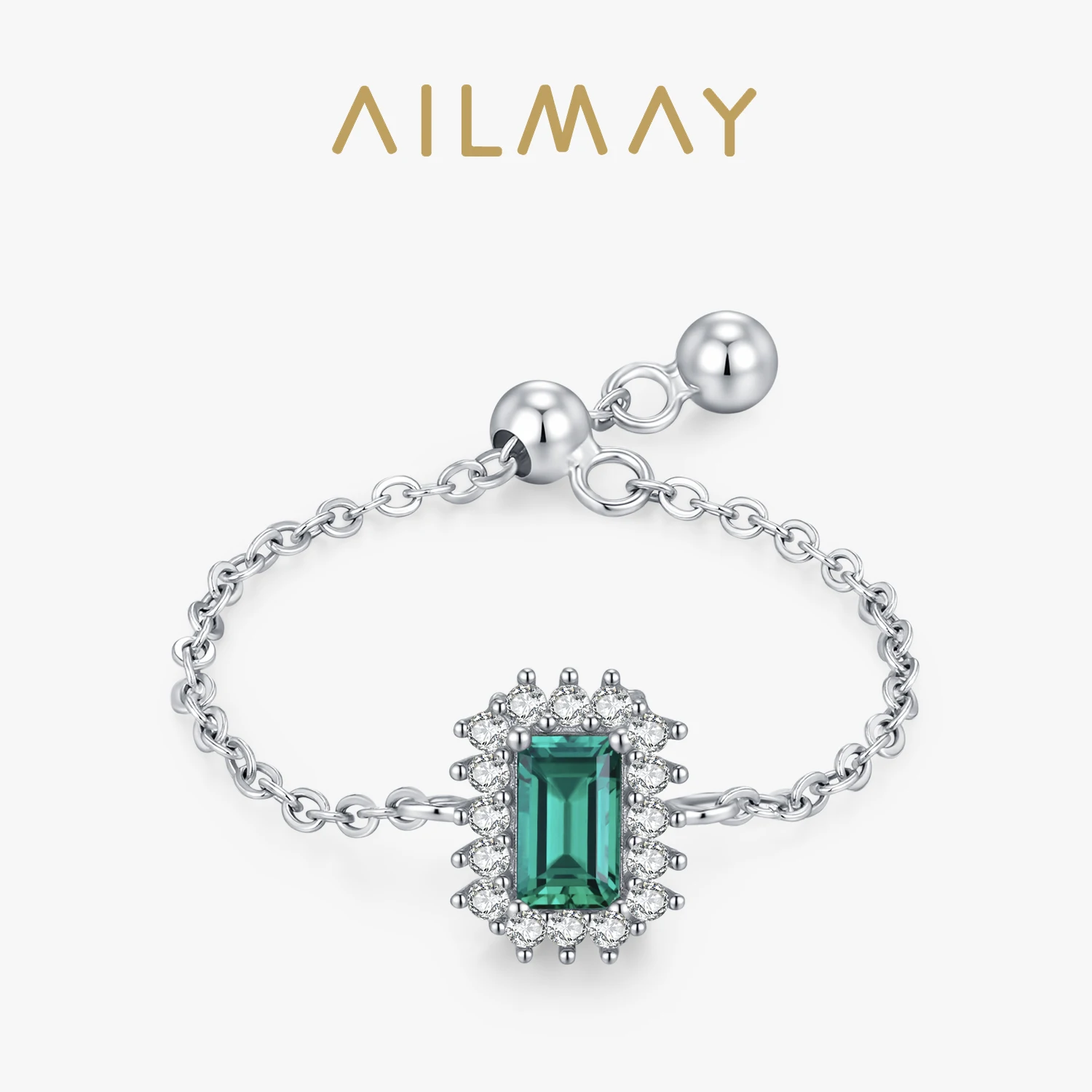 Ailmay Luxury Green Rectangle Zircon Adjustable Chain Rings For Women Exquisite 925 Sterling Silver Jewelry Party Gift