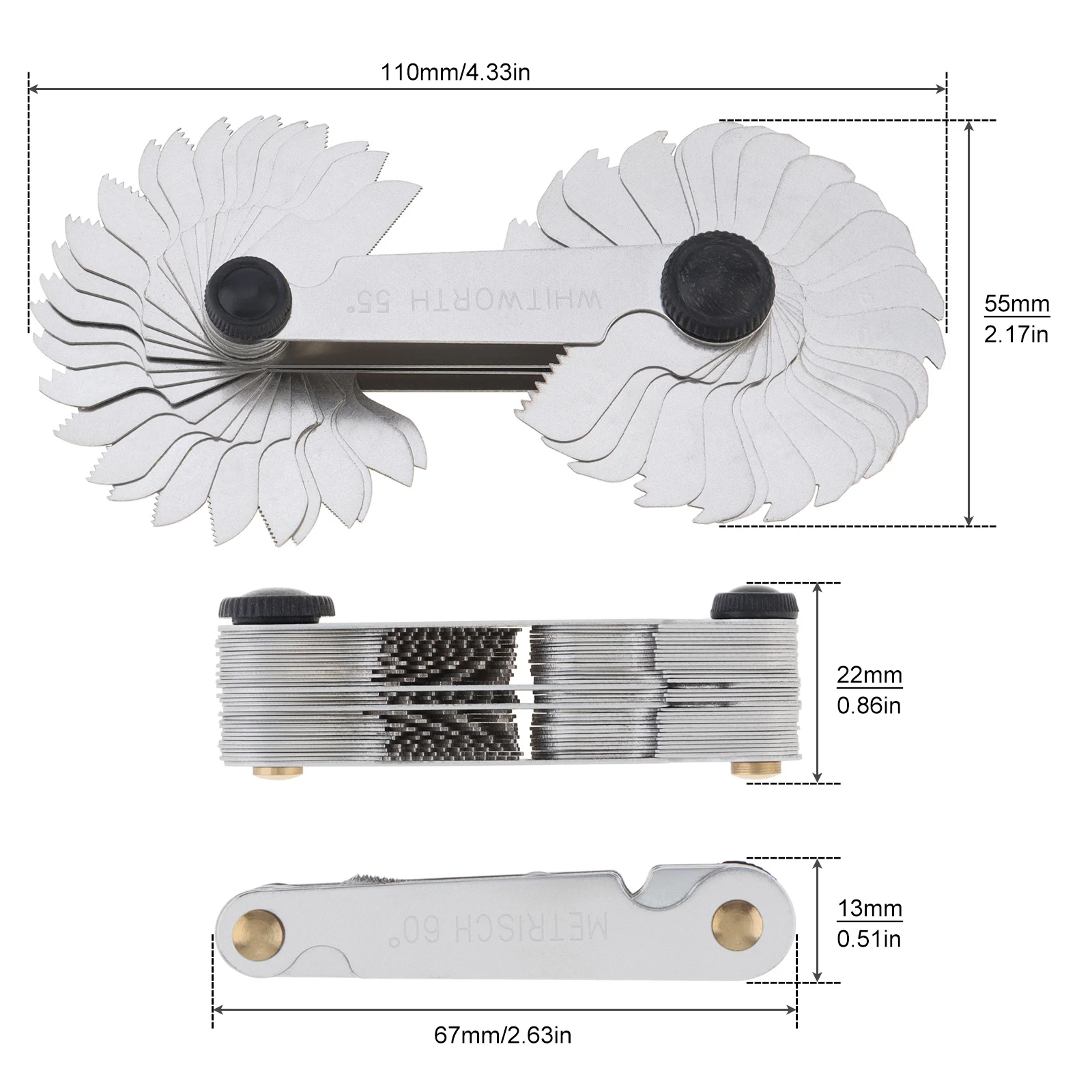 Calibrador de tornillo métrico Imperial para herramienta de medición, hoja US, SAE, Whitworth, 55 grados y Metrisch, 60 grados