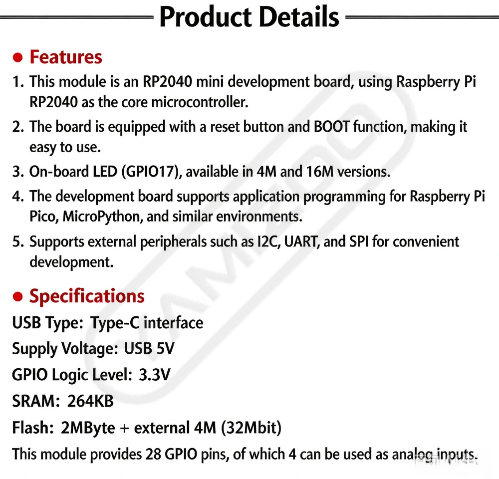 Raspberry Pi Mini-Entwicklungsboard Promicro RP2040 Kompatibel mit Helios Oxb2 Micropython – Detail 2