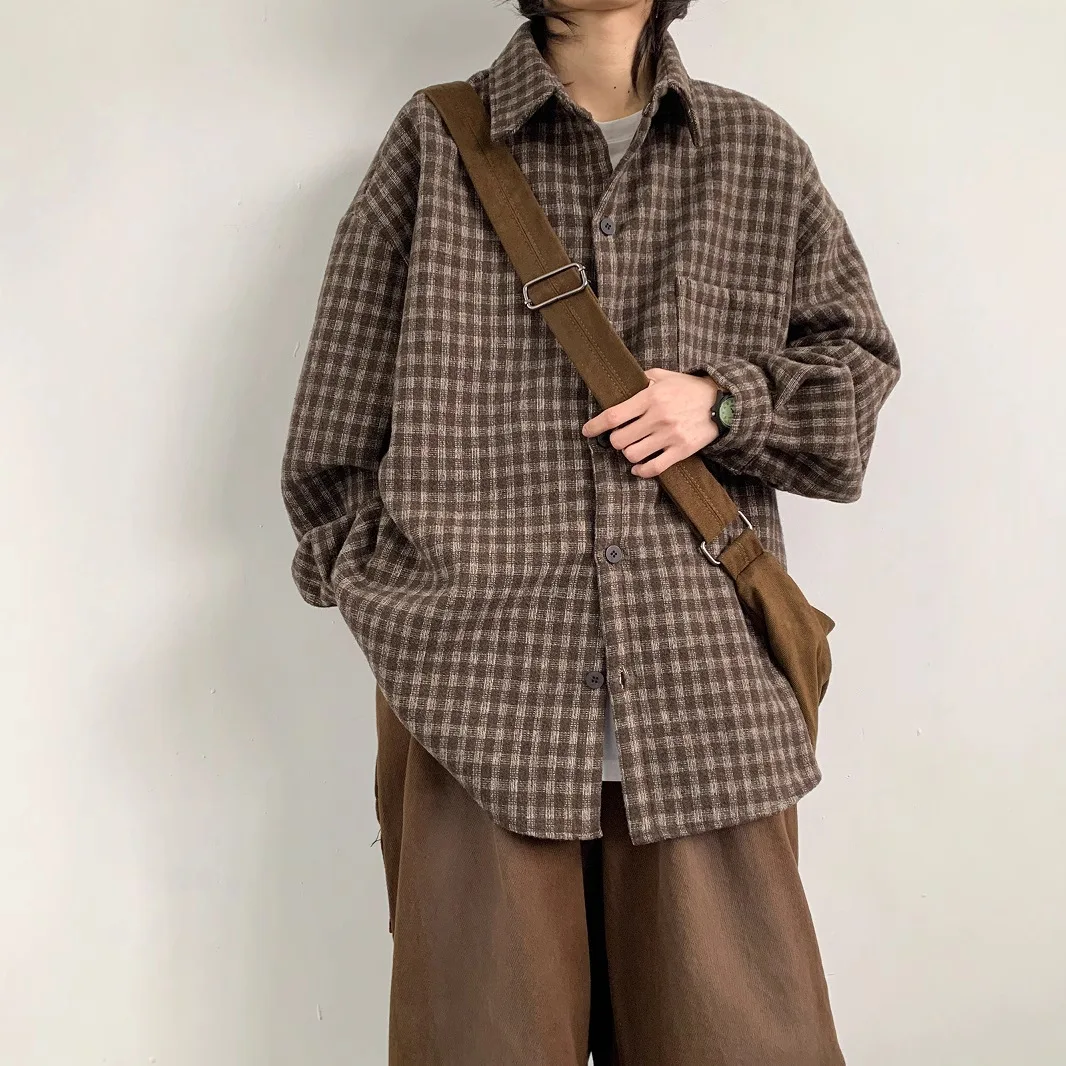 Man Plaid Shirts 2026 Spring Vintage Retro Plaid Shirt Men's Loose Versatile Long Sleeve Autumn Casual Button Down Jacket