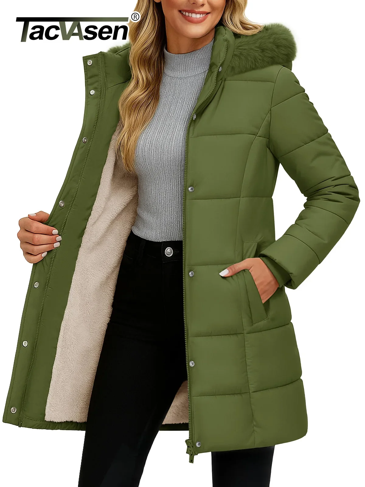 

TACVASEN Womens Fleece Long Padding Winter Jacket Down Puffer Outwear with Removable Hood Waterproof Windproof Thicken Park Coat