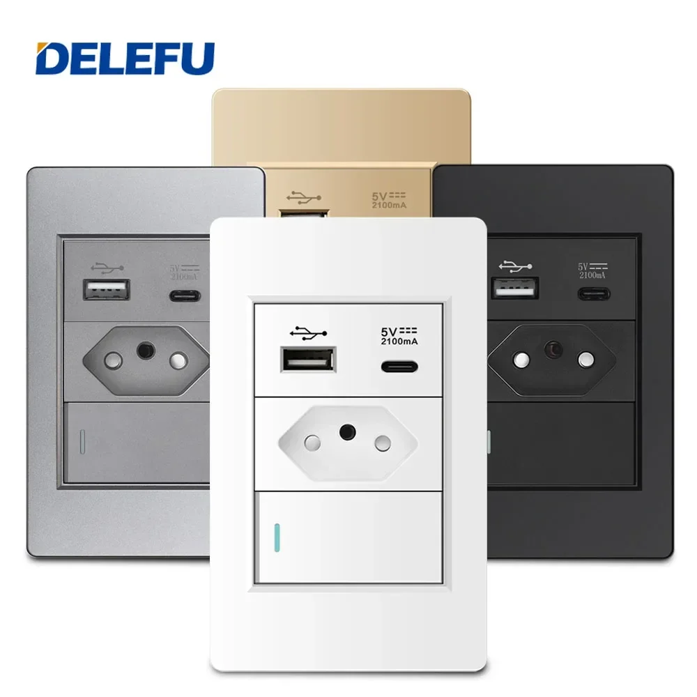 DELEFU 4*2  PC Brazil Standard Outlet 10A 20A Switzerland Multifunction Single Usb Type C Wall Socket Light Switch