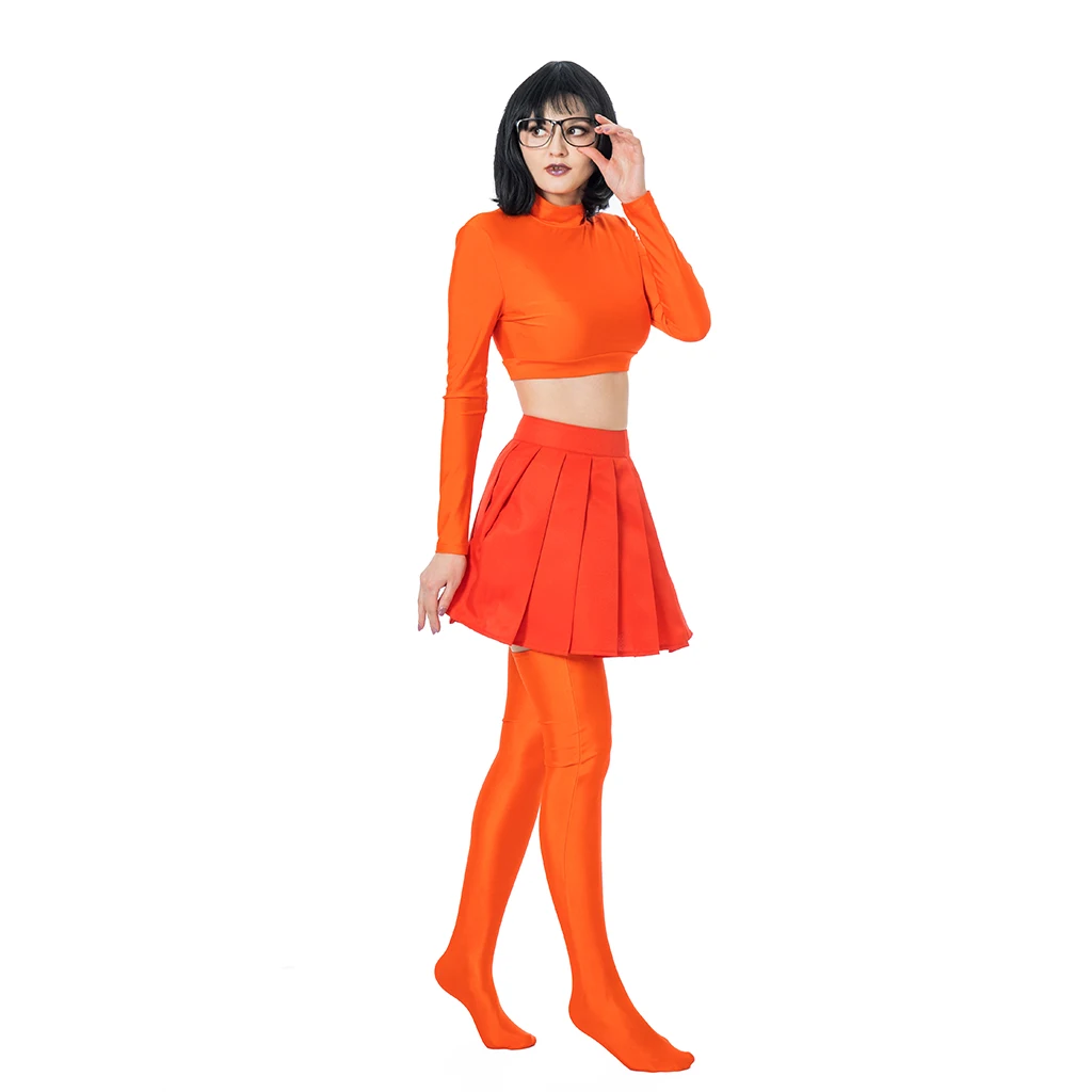 (in stock) Anime Velma Cosplay Costume Movie Character Ladies Girls Sexy Orange Uniform Crop Top Mini Skirt Over Knee Socks Set