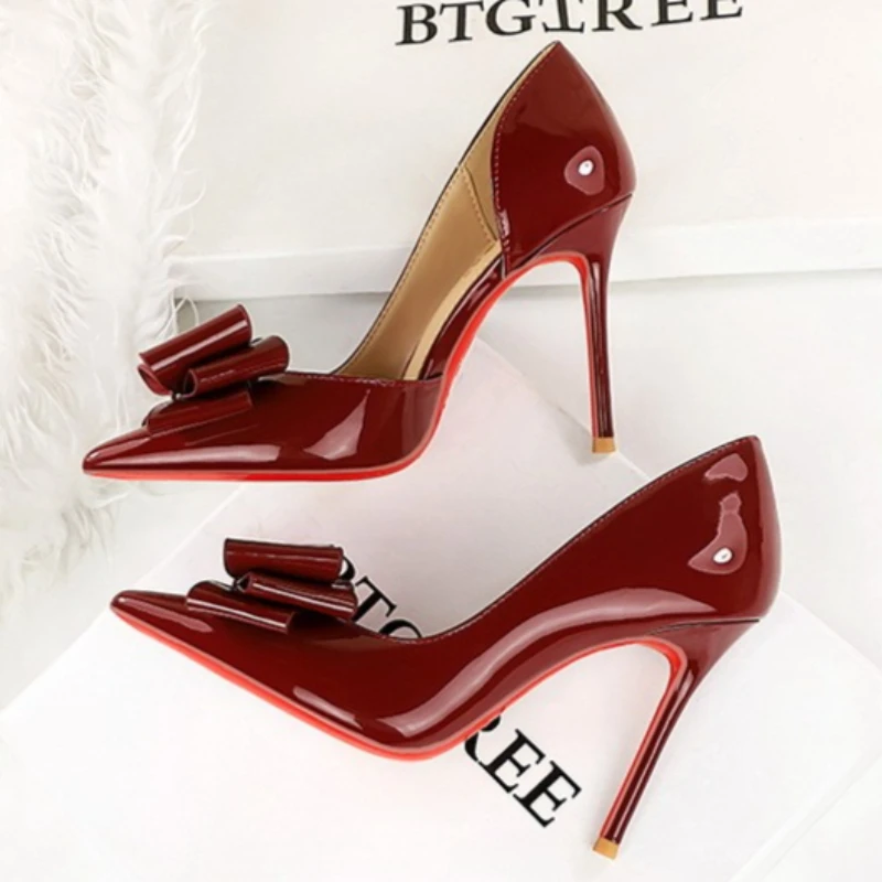 BIGTREE Elegant NEW Fashion Pointed Side Hollow Thin Heel High Shallow Bow Women Pumps Wedding Banquet Dress Ladies Single Shoes