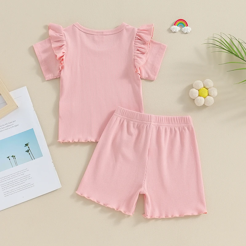 

Toddlers Baby Girls Summer Clothes Solid Color Ribbed Ruffle Short T-Shirt and Elastic Shorts Set Baby Outfit