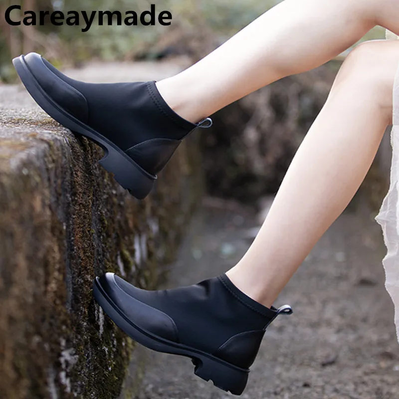 

Careaymade-натуральная кожа с широким носком, осенне-зимние новые короткие женские ботинки на толстом каблуке с утолщенной пушистой подкладкой и теплом