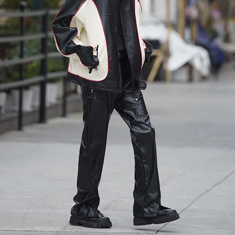 Autumn Winter Men's Leather Motorcycle Pants Black Punk PU Pants Men Women Straight Mopping Trousers Streetwear Waterproof