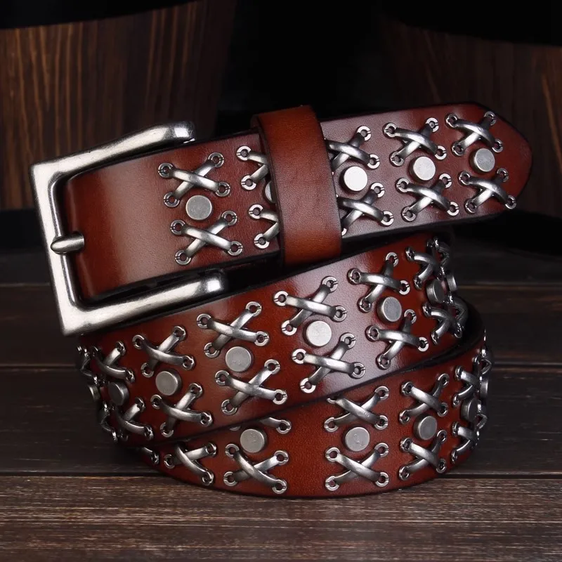 Studded Heavy Metal Style Belt Handmade Genuine Leather Punk Rock Style Men\'s Belt Cowhide Retro Tactical belt Jeans Belt