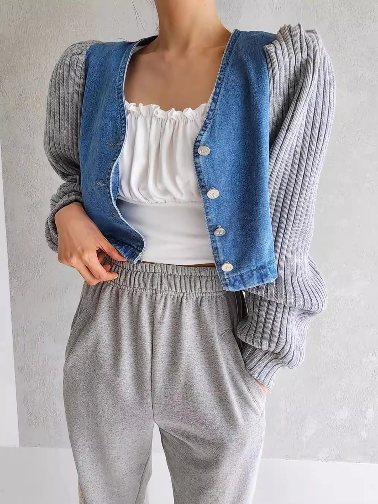 

Chic Autumnal Vintage ort Denim Jaet with Knitted Long Sves V-Ne Color Blo Design for Women Commute Sle
