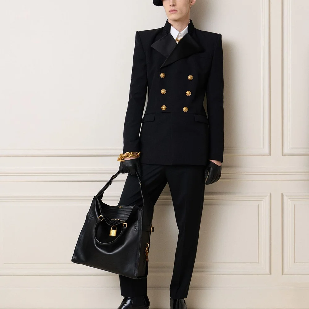 

Black Double Breasted Men Suit Two Pieces(Jacket+Pants) Outfits Slim Stand Lapel High Quality Casual Party Prom Wedding Set