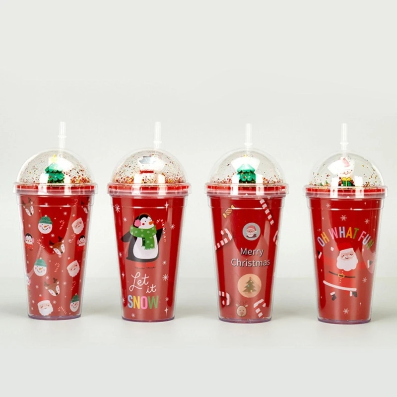 

450ml Double Layer Straw Plastic Cup with 3 Miniature Landscapes Christmas Gift Water Bottle Festive Holiday Decor