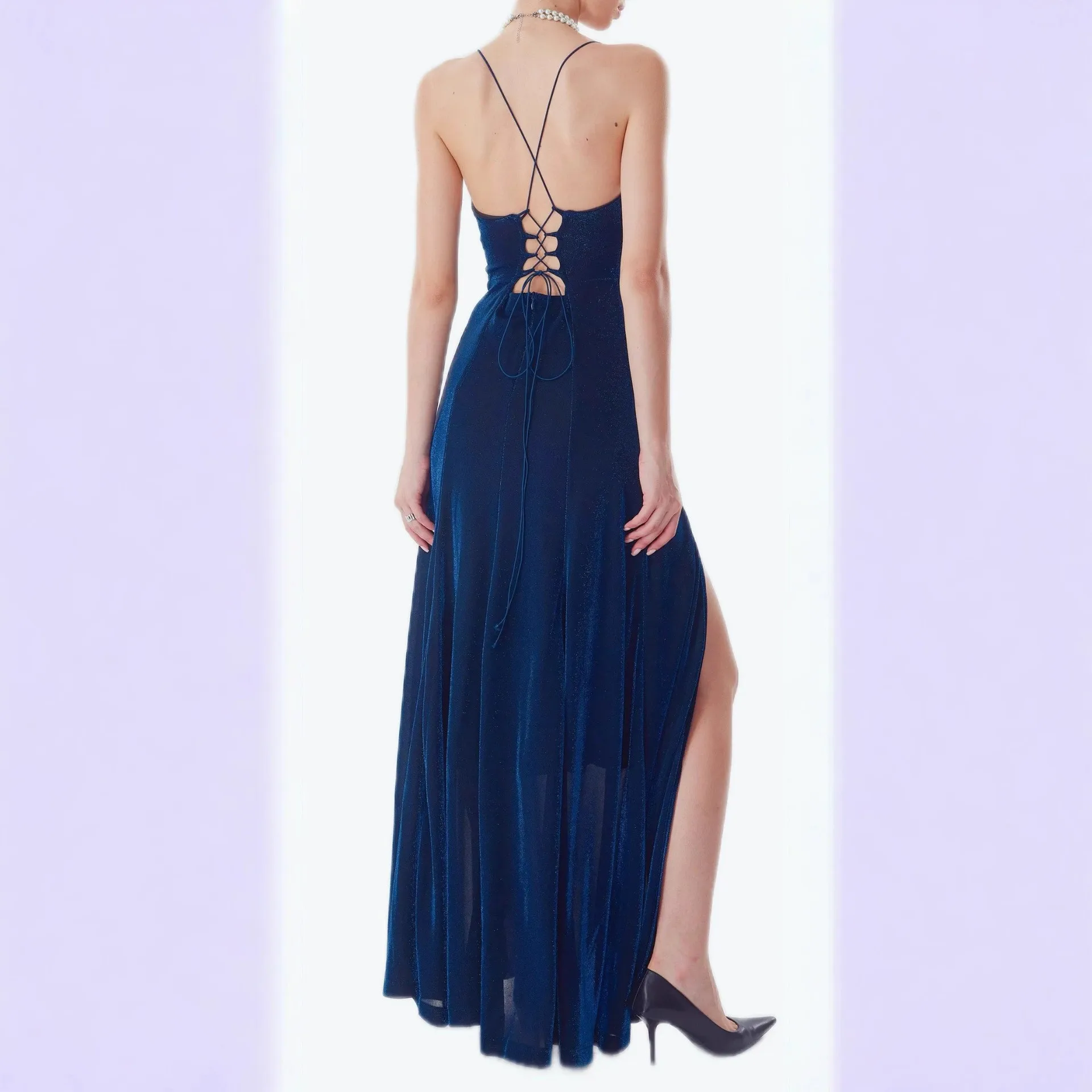 Vestido elegante azul oscuro para mujer, Espalda descubierta, Spaghetti con tirantes y cuello en V, Maxi Vestidos ajustados sin mangas, ropa de fiesta de noche para mujer