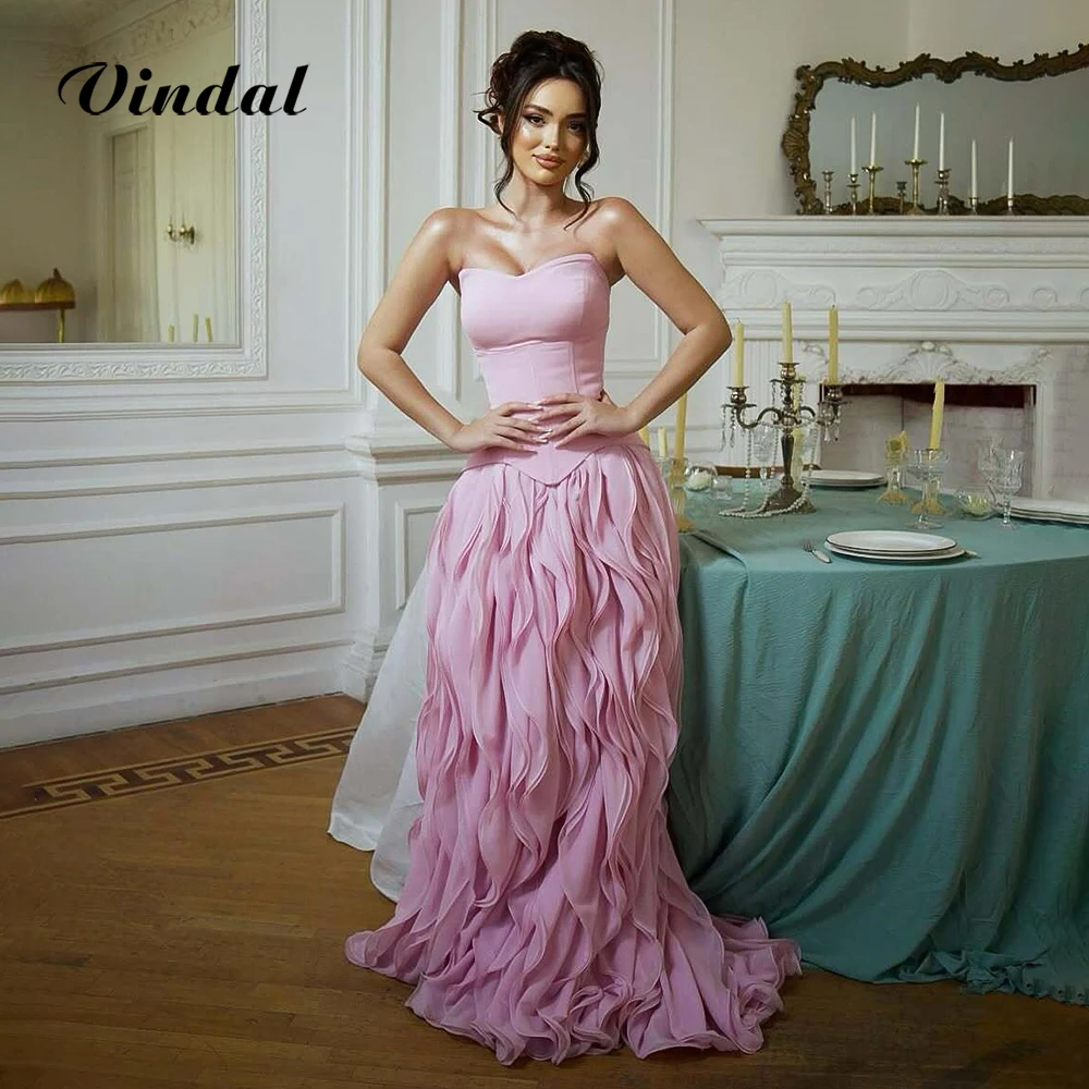 

Vindal Pink Ruffles Prom Party Dress Chiffon Strapless A Line Evening Dress for Women Celebrity Gala Dress Vestidos Customized