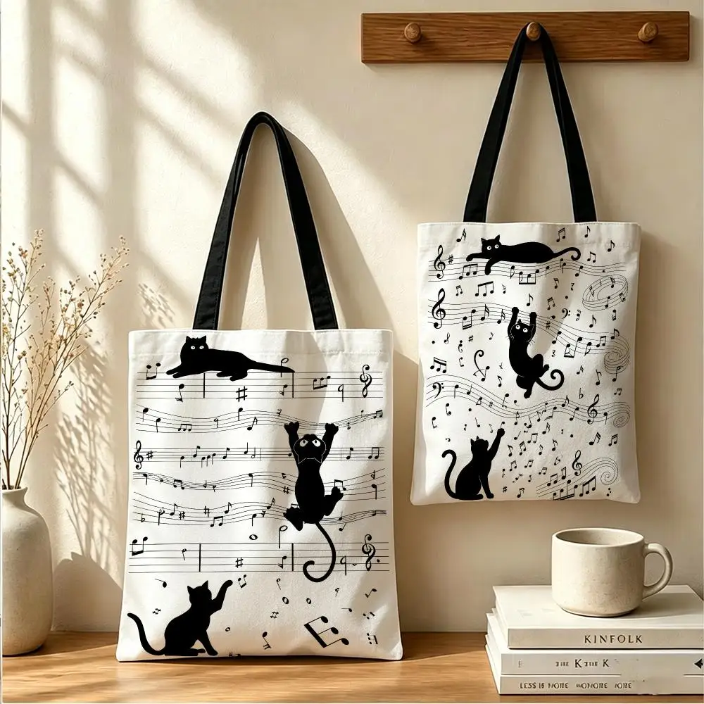 Cat And Musical Note Themed Storage Bags Canvas Tote Bag Women Large Capacity Reusable Shopping Shoulder Bag Daily Handbag
