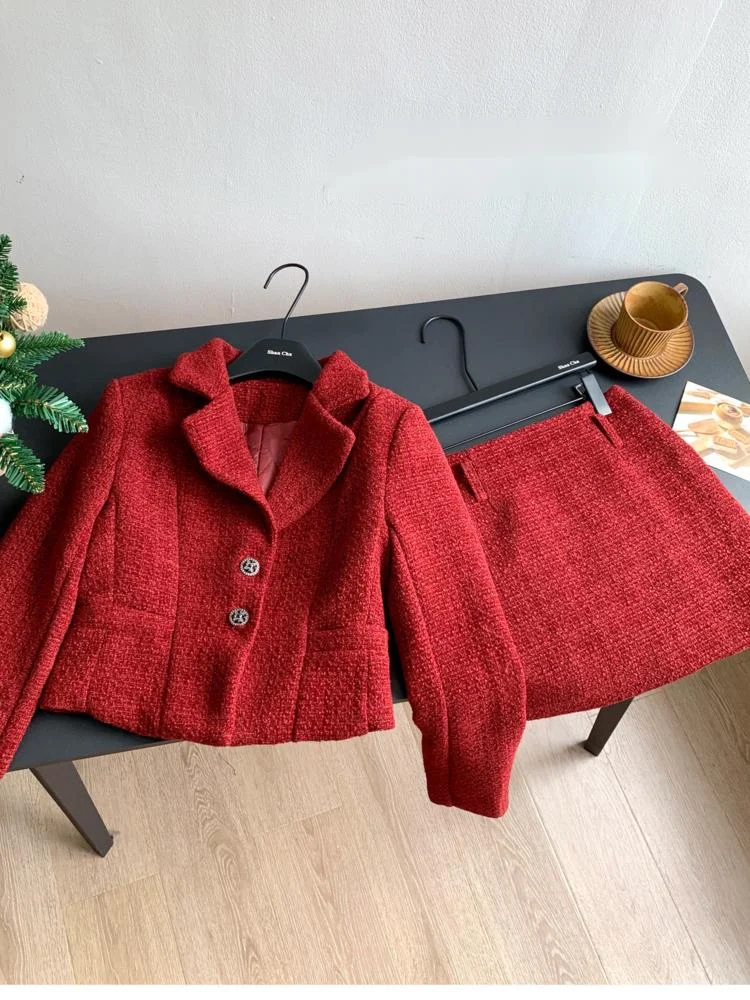 Red Vintage Women\'s Suit Skirt Set Autumn And Winter Loose Lapel Long-sleeved Suit Jacket Top High Waist Sliming Sheath Skirt