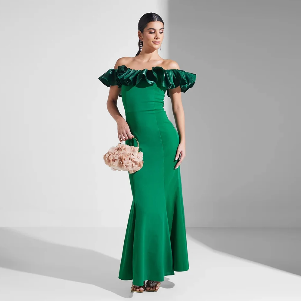 

Зеленое вечернее платье для женщин, платье русалки для выпускного вечера длиной до щиколотки, вечернее платье с открытыми плечами и оборками, Саудовское платье
