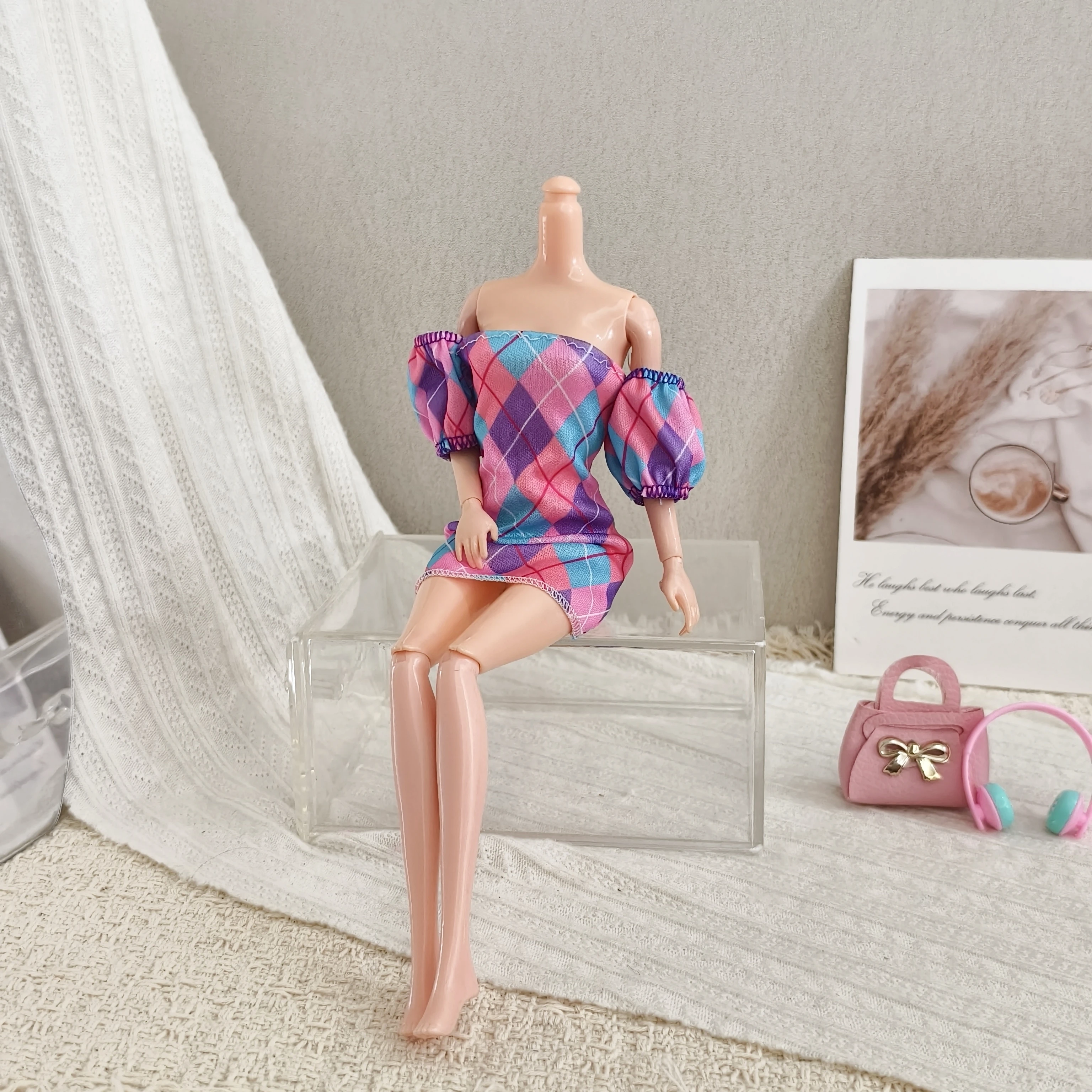Fashion Retro Diamond-patterned Off-the-shoulder Bubble Sleeves Dress For 1/6 FR Babi Supermodel Doll Dress Up Clothes Parts