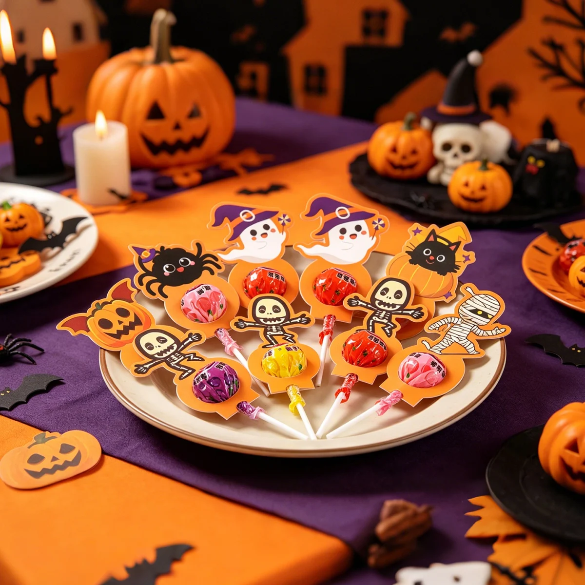 24 Stück Halloween-Lollipop-Papierhalter, niedliches, gruseliges Totenkopf-Design, Halloween-Lollipop-Dekorationskarten für fröhliche Halloween-Dekorationen – Detail 7
