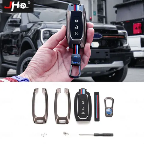 Чехол для автомобильного ключа из сплава JHO, задняя крышка, серебряная Защитная отделка, твердый стиль, подходит для Ford Ranger 2019-2024, декоративные аксессуары