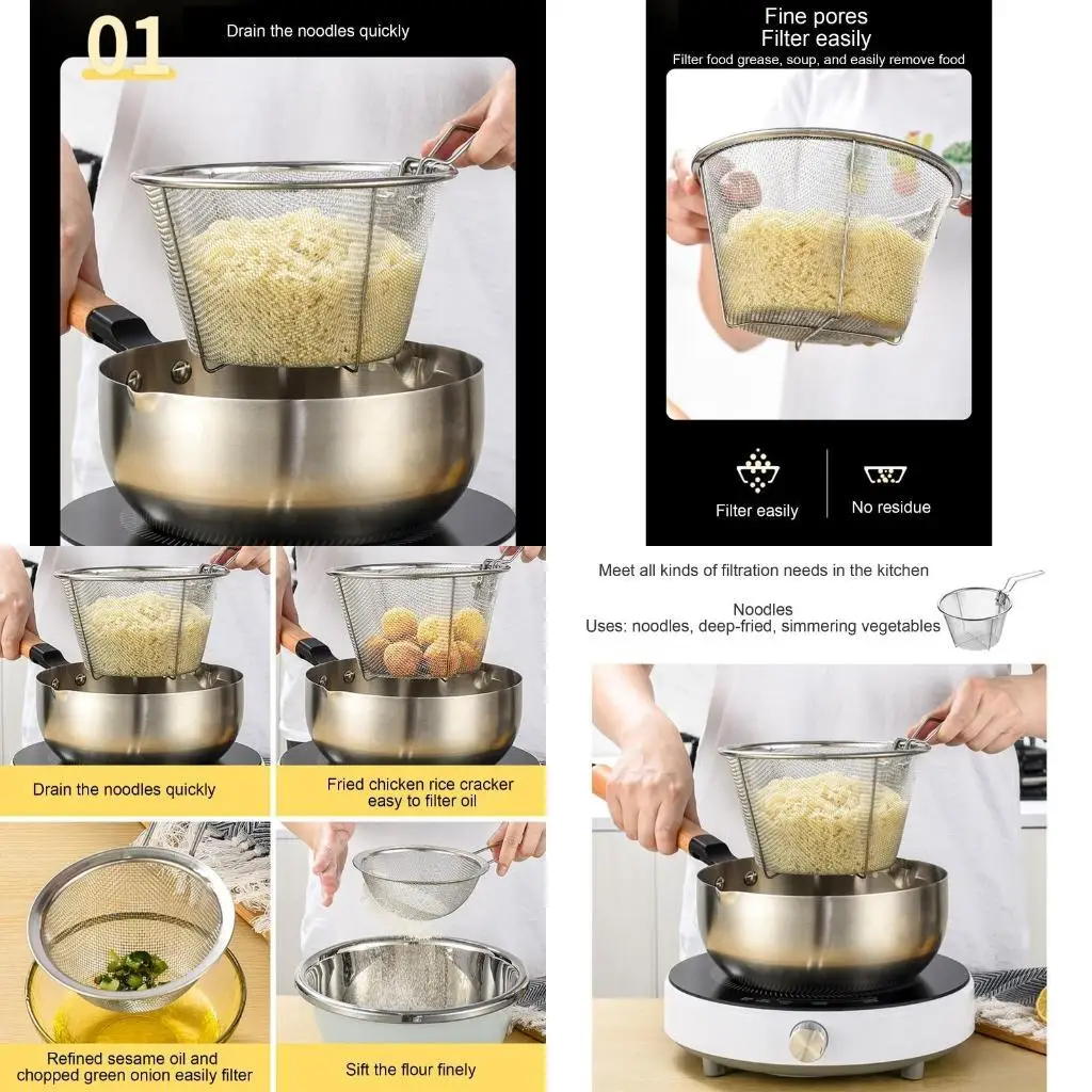 

E8BD Round Fry Basket Stainless Steel French Fries Holder Fried Food Table Serving Oil Residue Filtration for Restaurant