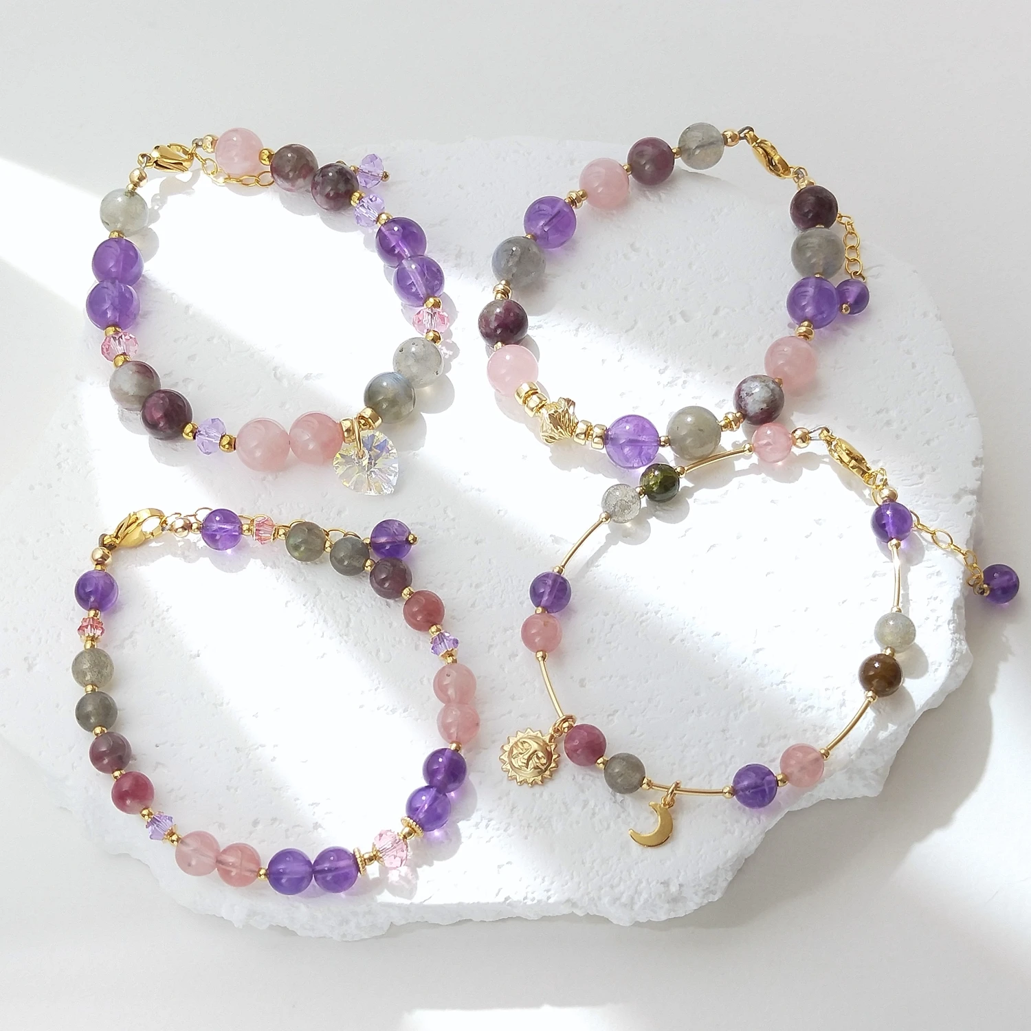 Lii Ji Tourmaline Rose Quartz Amethyst Labradorite 6/8mm American 14K Gold Filled Charms Bracelet Handmade Fashion Jewelry