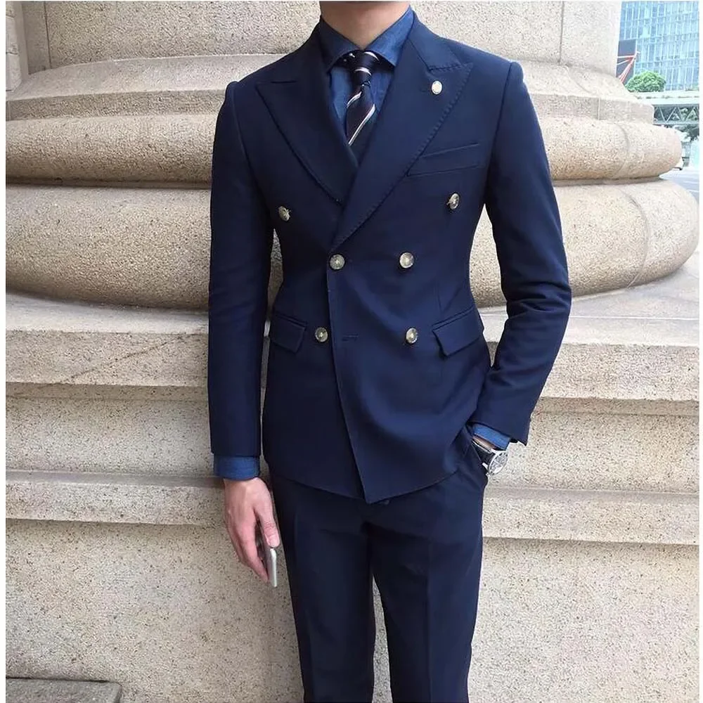 

Summer Peak Lapel Double Breasted Men Suits Navy Blue 2024 Fashion Casual Groom Wedding Tuxedo Male Suit Slim Fit 2 Piece Set