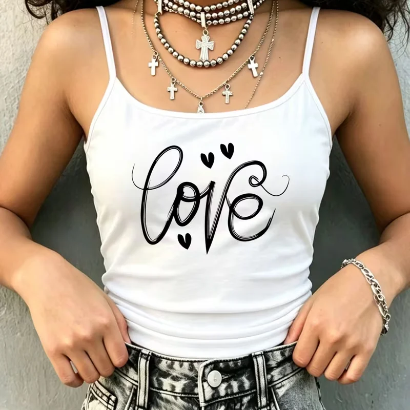 Women Y2K Love Heart Letter Print Spaghetti Strap Top Sleeveless Tank Top Minimalist Summer Casual Streetwear Basic Camisole