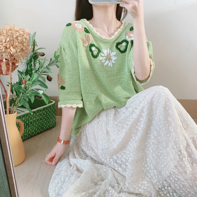 Sweater Spring Summer Women Mori Girls Sweet O-Neck Avocado Green Handmade Crocheted Embroidered Sweater Oversize Pullover Tops