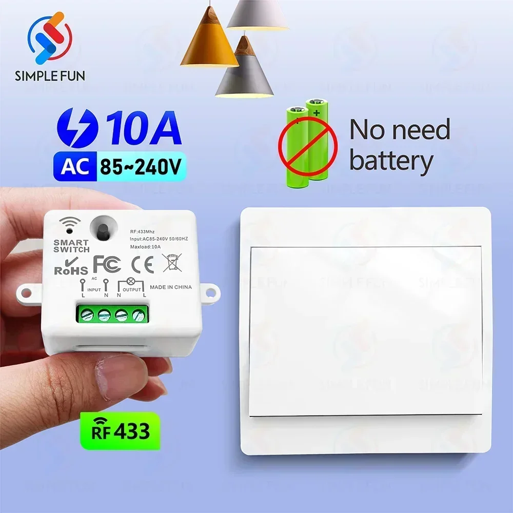 Mini inteligentny włącznik światła 433 MHz, 50 m samozasilający bezprzewodowy przełącznik ścienny bez potrzeby baterii, moduł Mini RF 110 V 220 V, do urządzeń domowych