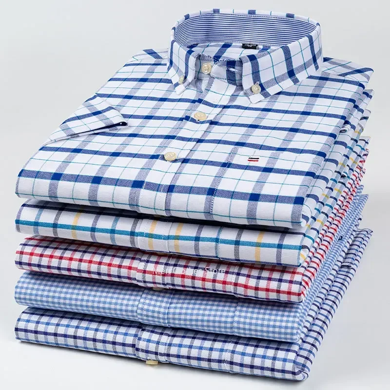 Chemise Oxford à manches courtes pour hommes, 2024 pur coton, col carré, rayée à carreaux solides, chemises décontractées d\'été, poche unique, 100%