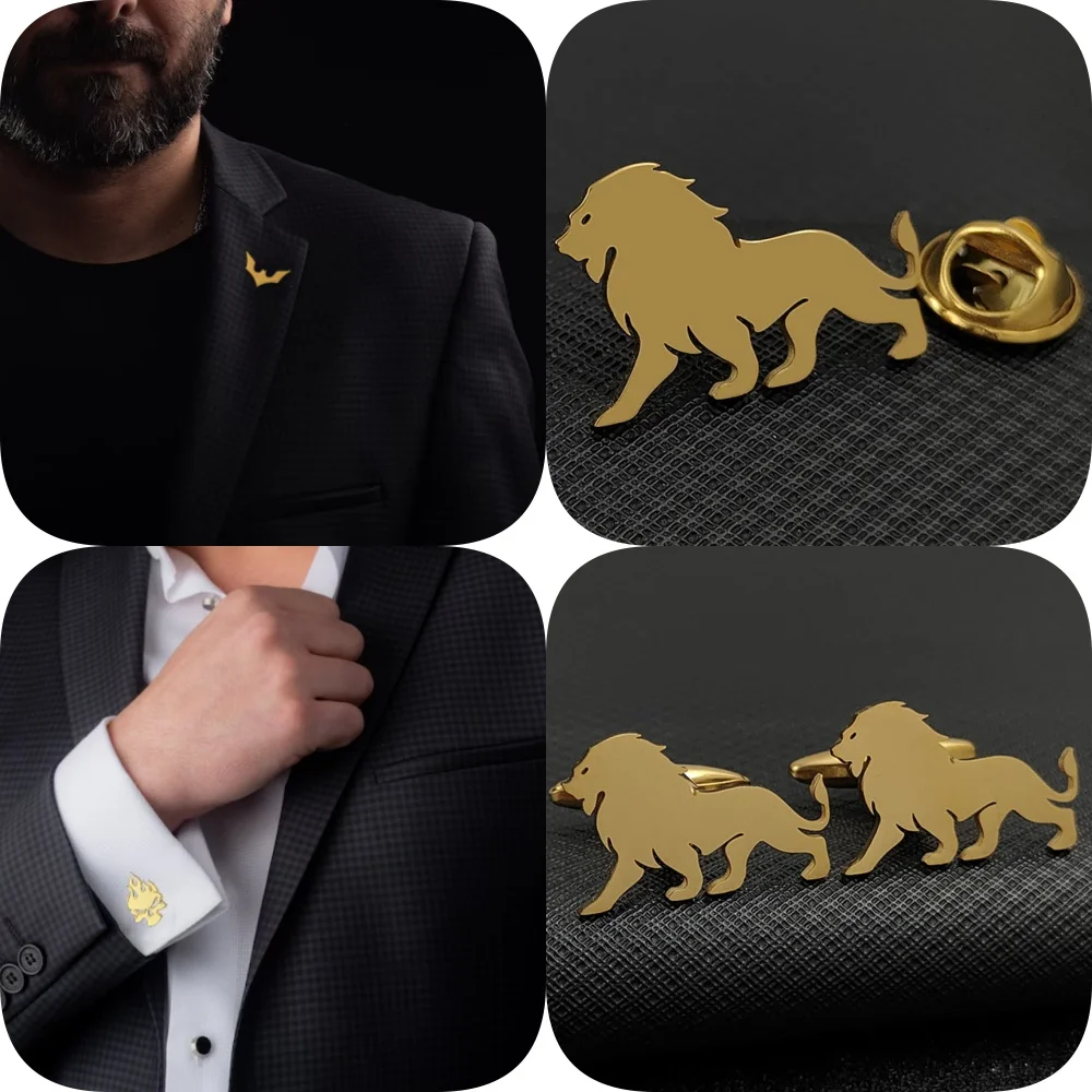 Broche lion en acier inoxydable, boutons de manchette de chemise française, accessoires pour hommes, épingles à revers de costume, cadeaux de fête de mariage, nouvelle collection