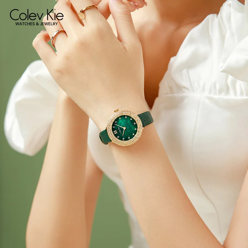 ColevKie Watch for Women Elegant Green Dial Leather Strap Ladies Wirstwatch Fashion High-end Diamond Quartz Watches Gift Sets