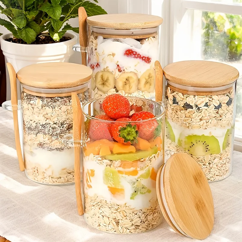 6pcs Glass Jars With Bamboo Lid And Spoon Label Spice Beans Tea Glass Canisters Sealed Yogurt Oatmeal Container Kitchen Supply