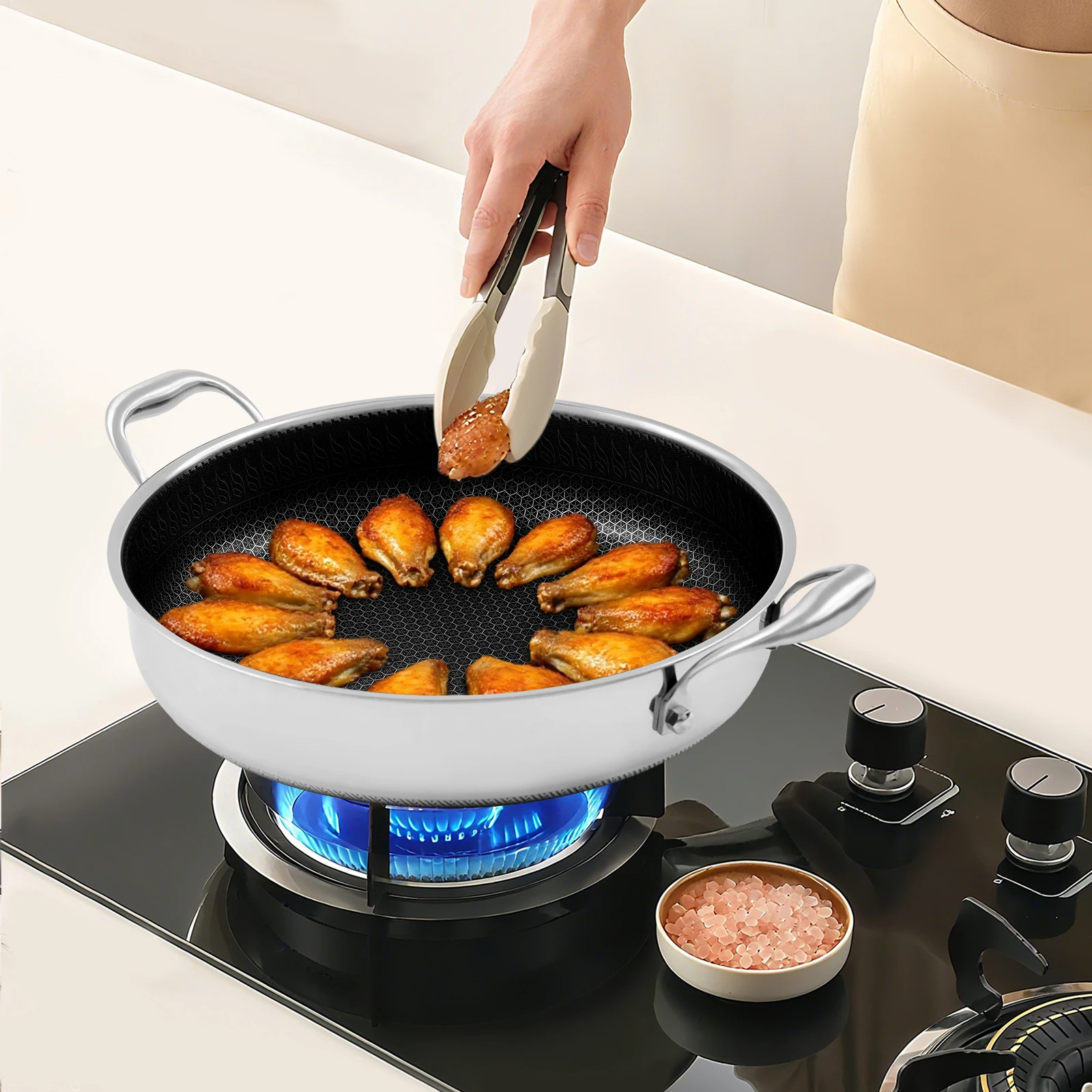 

Frying Pan 32*6.5cm/12.6*2.6 In with 2 Handle and Lid, Kitchen Restaurants Flat-Bottomed Frying Pan