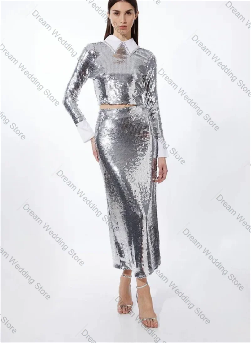 Shiny Sliver Sequins Women Suit Skirt Set 2 Pcs Blazer Prom Dress Formal Office Lady Jacket Customized Guest Wedding Coat