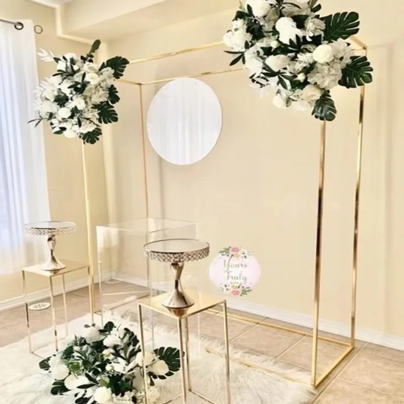 Metal Wedding Arch Frame, Marriage Row Runner, Square Backdrop Stand, Gold Plating Background, Outdoor Artificial Flower, Door S