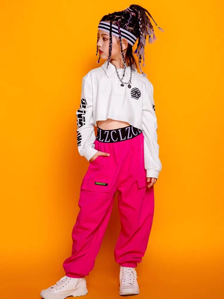 Hip Hop Mädchen Crop Top Rosa Jogger Kinder Sweatshirt Street Dance Cargo Hosen Streetwear Kleidung Sets Kind Jazz Bühne Kostüme