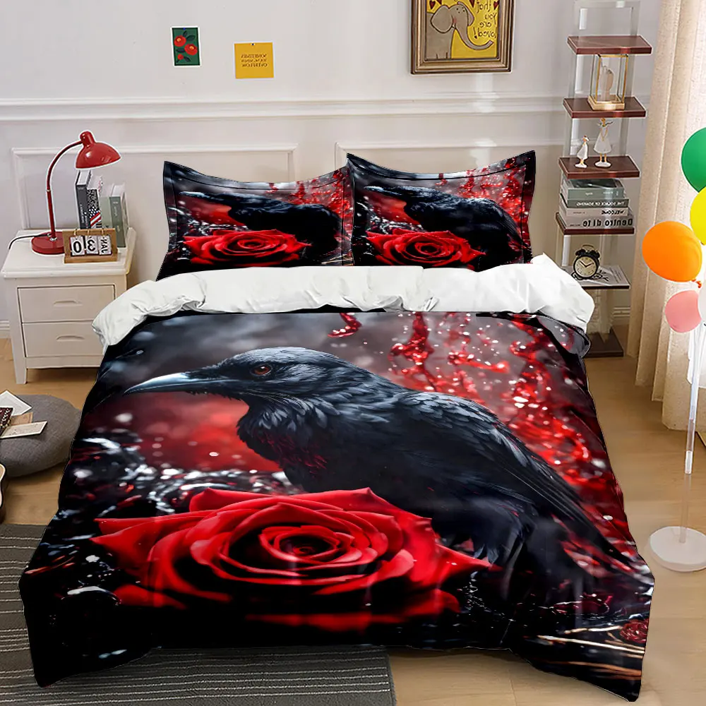 Black Raven Red Rose Artistic Design Print Bedding Set 1 Duvet Cover 2 Pillowcases for Adult and Children Luxury Gift Full Size