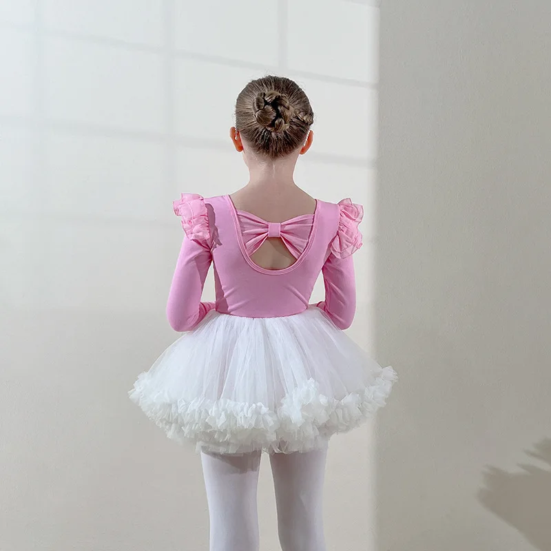 New Ballet Dancewear Girl Cute Tutu Dress Long Sleeve Leotard Ruffle Neck Swan Lake Party Costumes Ballerinas Front Lined Pink