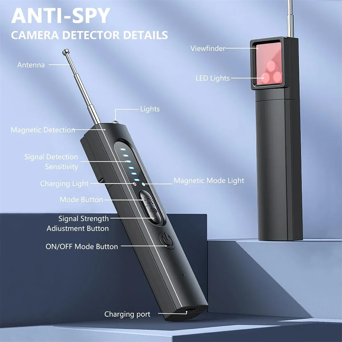 Rilevatore di telecamere, scanner di segnale wireless RF, rilevatore di telecamere per protezione di sicurezza, rilevatore di localizzazione GPS e sirena