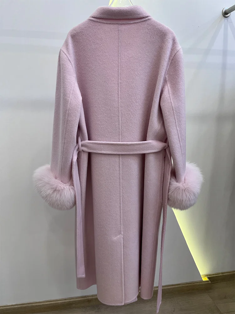Damski długi, gruby, ciepły płaszcz zimowy z wełny z naturalnym futrem z lisa na mankietach, luksusowa kurtka wierzchnia w stylu streetwear, 2025