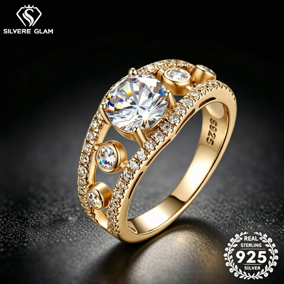 925 Sterling Silver 1.2CT Round Open Shank Bezel Accent Ring D VVS1 Moissanite Multi Tone Vintage Promise Fine Jewelry For Women