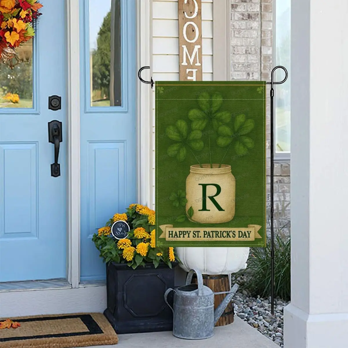 St Patricks Day Garden Flag Initial Letter Monogram R Irish Mason Jar Shamrocks Decor 12x18 Inch Double Sided Banner for Out ZZM