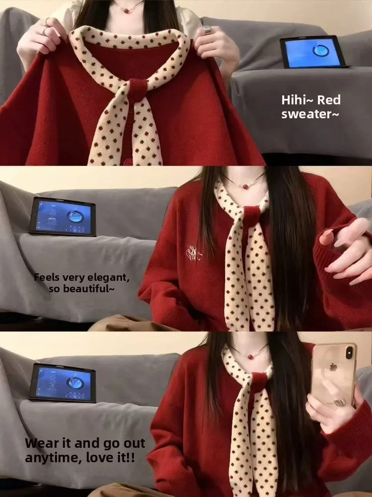 

Korean Style Sweet Red Polka Dot Knitted Sweater Women's Loose Fit Spring 2026 Design round Neck Long Sleeve Casual Wear