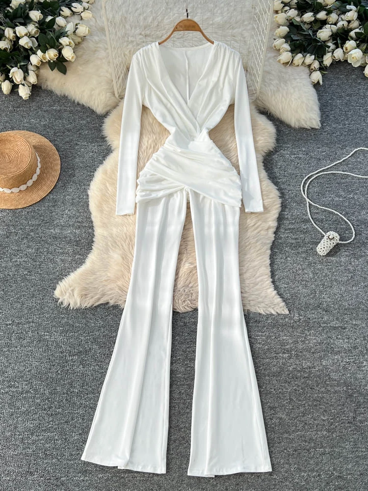 

Foamlina Women Sexy Deep V Neck Long Sleeve Jumpsuit Solid Color High Waist Criss Cross Ruched Slim Bodycon One Piece Rompers