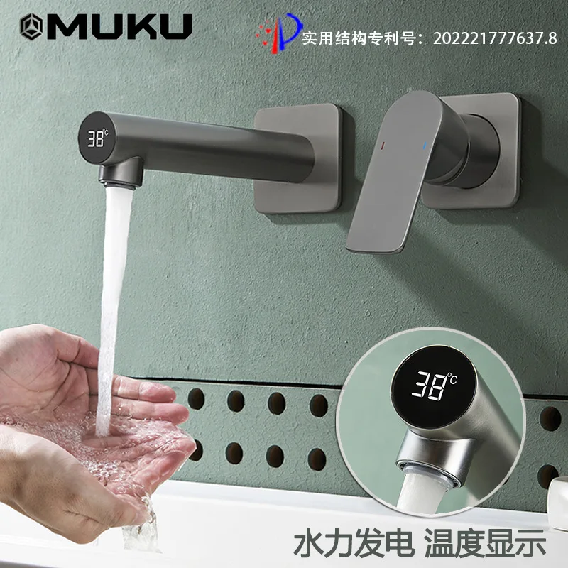 

New Digital Display Basin Faucet Gun Gray Hot&Cold Water Wall-Mounted Bathroom Mixer Tap Temperature Display Washbasin Faucet