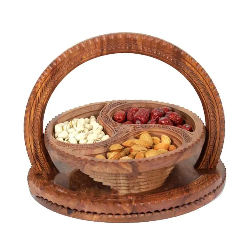 Foldable Dried Fruit Basket 4-Partitions Multipurpose Wooden Fruit Basket For Kitchen Counter Handmade Wood Carving Fruit Plate