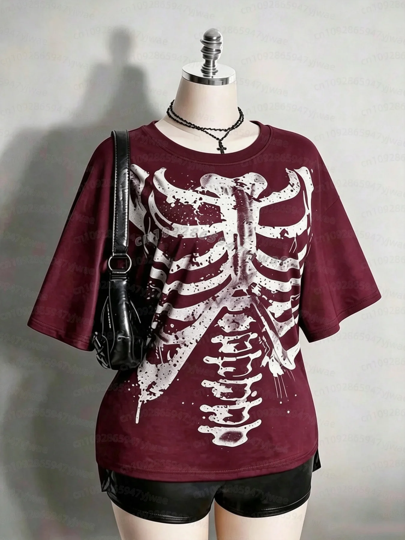 2026 Damen Halloween Skelett Brustkorbe Grafik T-Shirt Y2k Alt Goth Punk Distressed Totenkopf Knochen Print Kurzarm Damen T-Shirt – Detail 6
